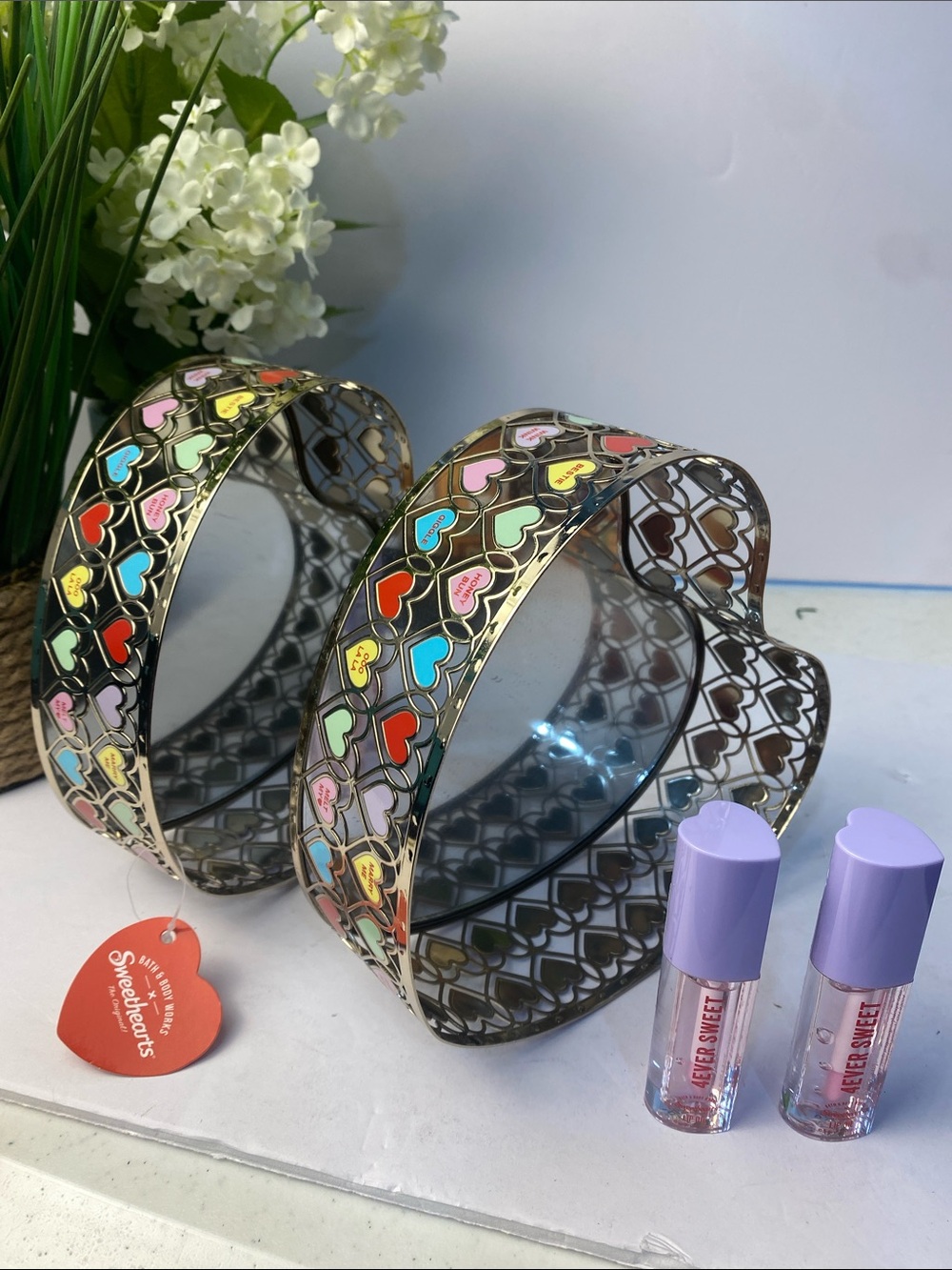 “Sweethearts” BBW Heart Shaped Mirror Body Care Trays-2  & Lip Oils Bundle - Picture 2 of 12